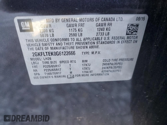 2016 GMC Terrain SLE with VIN 2GKFLTEK0G6122666, listed as a Copart auction lot 88307345 with 108,550 mi miles and Salvage Title. Bid and sale history available at carsss.com. Image 15.