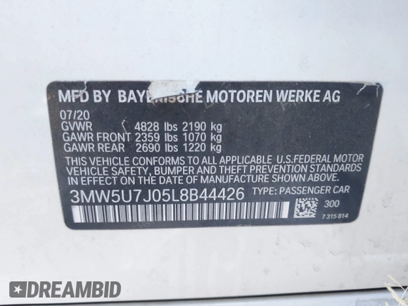 2020 BMW 3 Series M340i with VIN 3MW5U7J05L8B44426, listed as a IAAI auction lot 41299762 with 81,020 mi miles. Bid and sale history available at carsss.com. Image 9.
