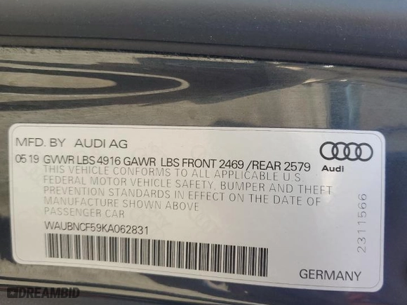 2019 Audi A5 Sportback Premium Plus with VIN WAUBNCF59KA062831, listed as a Copart auction lot 68067514 with NaN miles and Salvage Title. Bid and sale history available at carsss.com. Image 12.