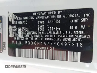 2015 Kia Optima EX with VIN 5XXGN4A77FG497218, listed as a IAAI auction lot 42464839 with 128,355 mi miles and . Bid and sale history available at DreamBid. Image 9.