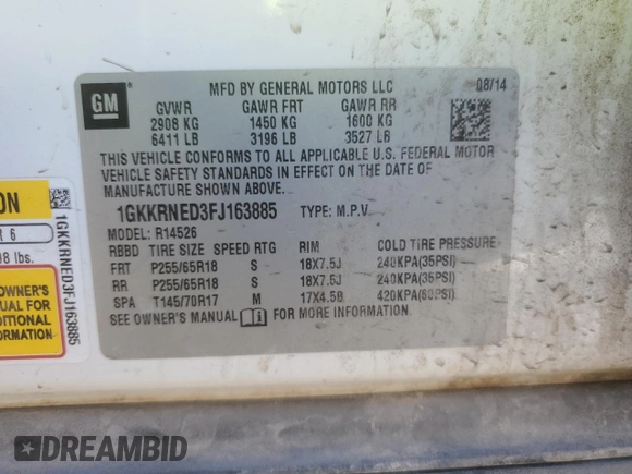 2015 GMC Acadia SLE with VIN 1GKKRNED3FJ163885, listed as a Copart auction lot 47624605 with 175,695 mi miles and Salvage Title. Bid and sale history available at DreamBid. Image 13.