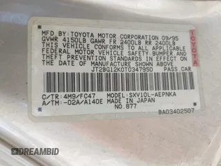 1996 Toyota Camry DX z VIN JT2BG12K0T0347950, wystawiony jako IAAI lot #42248890 z przebiegiem 264 017 mil mil oraz . Historia ofert i sprzedaży dostępna na DreamBid. Obrazek 9.