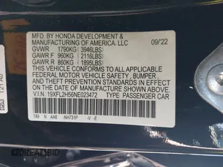 2022 Honda Civic LX z VIN 19XFL2H56NE023472, wystawiony jako IAAI lot #42257114 z przebiegiem 12 149 mil mil oraz . Historia ofert i sprzedaży dostępna na DreamBid. Obrazek 9.