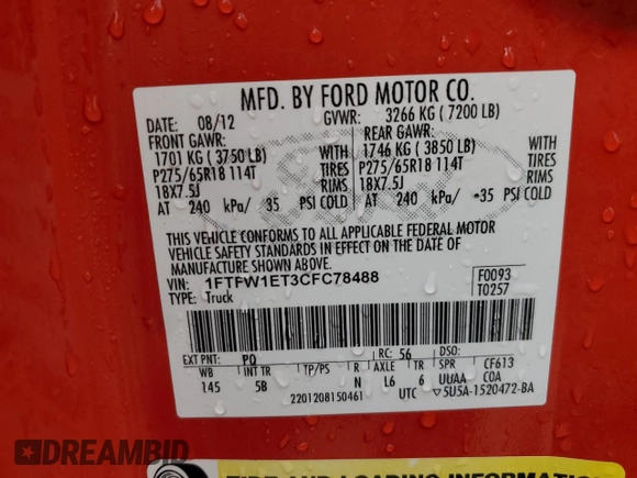 2012 Ford F-150 XL with VIN 1FTFW1ET3CFC78488, listed as a Copart auction lot 55711594 with 93,118 mi miles and Clean Title. Bid and sale history available at carsss.com. Image 13.