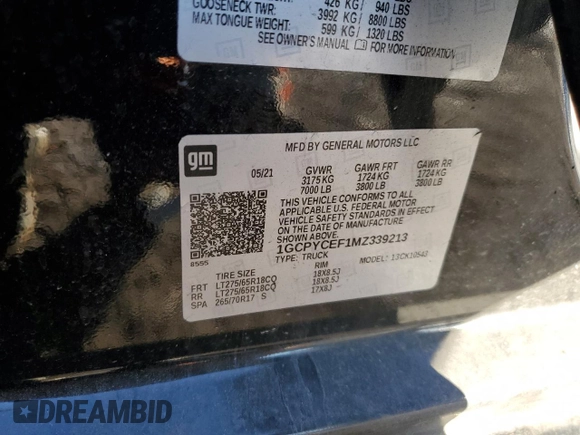 2021 Chevrolet Silverado 1500 Custom Trail Boss with VIN 1GCPYCEF1MZ339213, listed as a Copart auction lot 43138235 with 119,132 mi miles and Salvage Title. Bid and sale history available at DreamBid. Image 12.