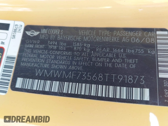 2008 MINI Hardtop S with VIN WMWMF73568TT91873, listed as a IAAI auction lot 42716448 with 77,617 mi miles and . Bid and sale history available at DreamBid. Image 9.