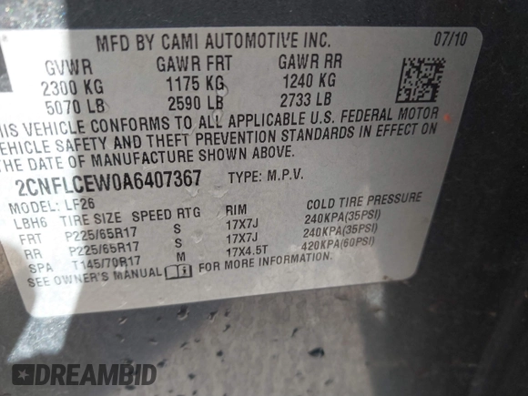 2010 Chevrolet Equinox LS with VIN 2CNFLCEW0A6407367, listed as a IAAI auction lot 41785801 with 71,615 mi miles. Bid and sale history available at carsss.com. Image 9.