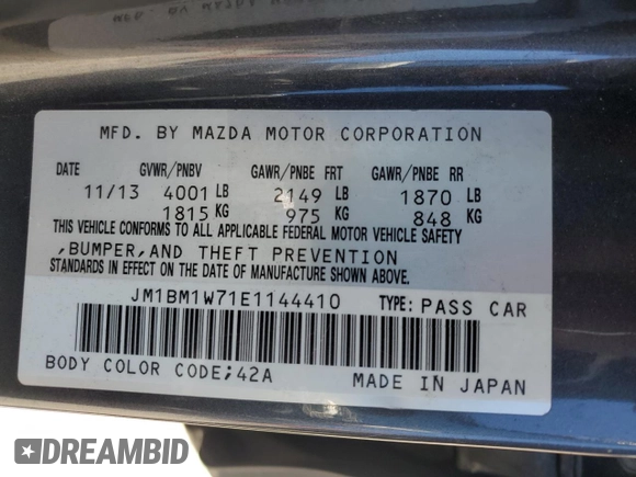 2014 Mazda 3 i Grand Touring with VIN JM1BM1W71E1144410, listed as a Copart auction lot 49713045 with 137,718 mi miles and Salvage Title. Bid and sale history available at carsss.com. Image 14.