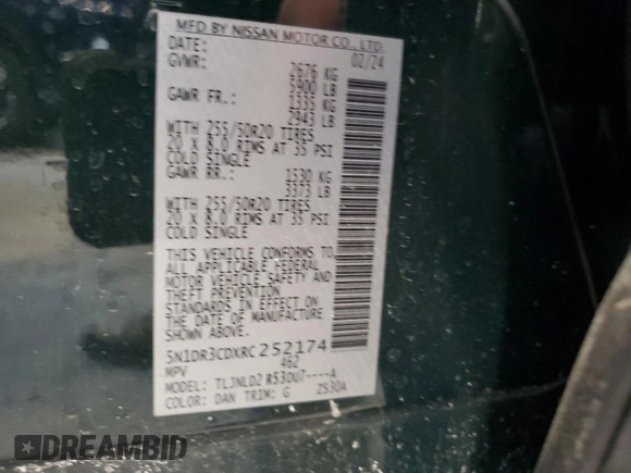 2024 Nissan Pathfinder SL with VIN 5N1DR3CDXRC252174, listed as a Copart auction lot 46054675 with 10,589 mi miles and Salvage title. Bid and sale history available at DreamBid. Image 15.