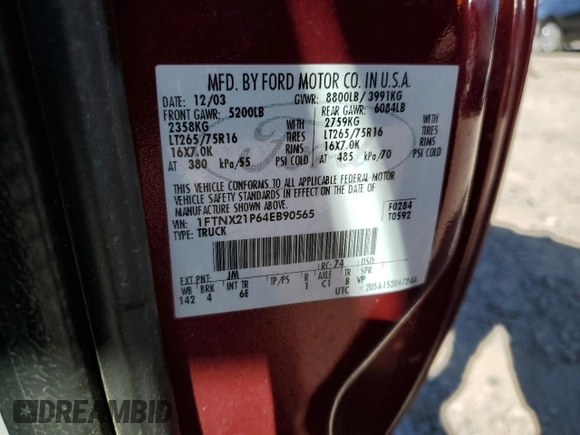 2004 Ford F-250 XL with VIN 1FTNX21P64EB90565, listed as a Copart auction lot 59022005 with 223,577 mi miles and Salvage title. Bid and sale history available at DreamBid. Image 12.