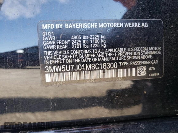 2021 BMW 3 Series M340i with VIN 3MW5U7J01M8C18300, listed as a Copart auction lot 89073395 with 37,945 mi miles and Salvage Title. Bid and sale history available at carsss.com. Image 12.