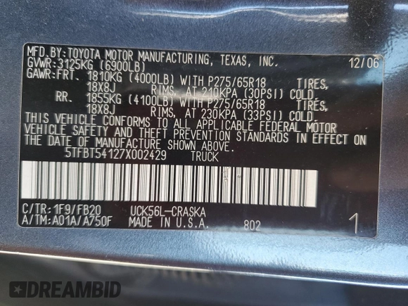 2007 Toyota Tundra SR5 with VIN 5TFBT54127X002429, listed as a Copart auction lot 53444225 with 167,404 mi miles and Salvage title. Bid and sale history available at DreamBid. Image 14.