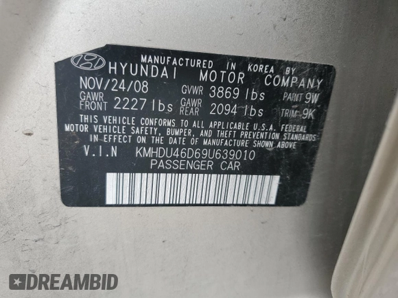 2009 Hyundai Elantra GLS with VIN KMHDU46D69U639010, listed as a Copart auction lot 57311405 with 96,759 mi miles and Salvage title. Bid and sale history available at DreamBid. Image 12.