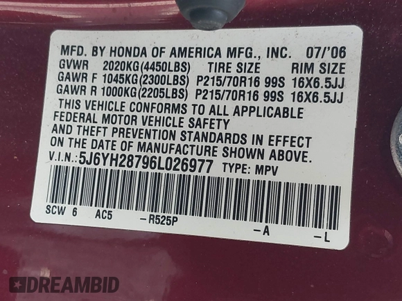 2006 Honda Element EX-P with VIN 5J6YH28796L026977, listed as a IAAI auction lot 42081251 with 227,866 mi miles and . Bid and sale history available at DreamBid. Image 9.