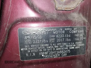2003 Hyundai Sonata GLS with VIN KMHWF35H13A882475, listed as a IAAI auction lot 41863570 with 168,303 mi miles. Bid and sale history available at carsss.com. Image 9.