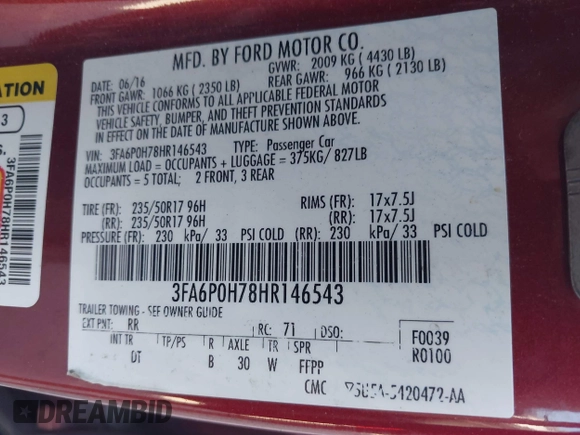 2017 Ford Fusion SE with VIN 3FA6P0H78HR146543, listed as a IAAI auction lot 42676782 with 140,996 mi miles and . Bid and sale history available at DreamBid. Image 9.