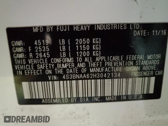 2017 Subaru Legacy z VIN 4S3BNAA62H3042134, wystawiony jako Copart lot #44143945 z przebiegiem 135 669 mil mil oraz Szkoda całkowita • Salvage title. Historia ofert i sprzedaży dostępna na DreamBid. Obrazek 12.