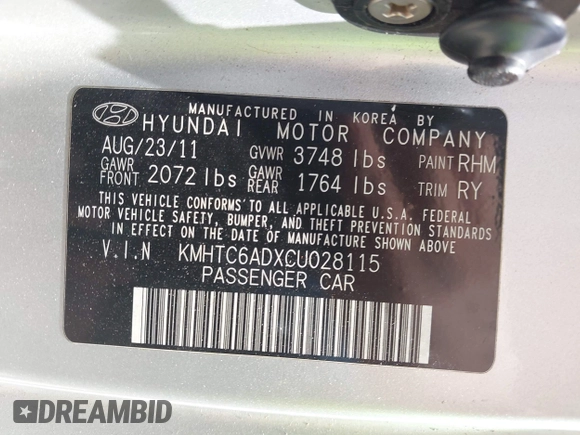 2012 Hyundai Veloster w/Gray Int with VIN KMHTC6ADXCU028115, listed as a IAAI auction lot 42361550 with 118,920 mi miles and . Bid and sale history available at DreamBid. Image 9.