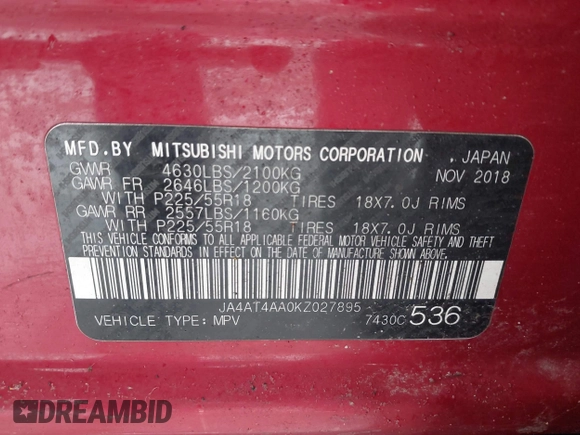 2019 Mitsubishi Eclipse Cross LE z VIN JA4AT4AA0KZ027895, wystawiony jako IAAI lot #41300266 z przebiegiem 87 993 mil mil oraz . Historia ofert i sprzedaży dostępna na DreamBid. Obrazek 9.
