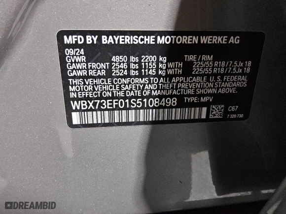 2025 BMW X1 xDrive28i with VIN WBX73EF01S5108498, listed as a Copart auction lot 52829325 with 9,430 mi miles and Clean Title. Bid and sale history available at carsss.com. Image 13.
