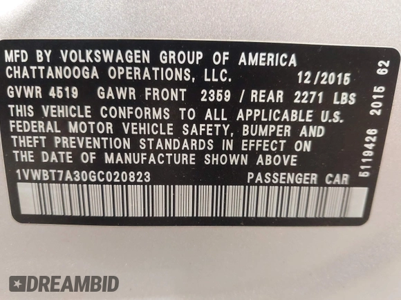 2016 Volkswagen Passat SE z VIN 1VWBT7A30GC020823, wystawiony jako IAAI lot #42204074 z przebiegiem 87 784 mil mil oraz . Historia ofert i sprzedaży dostępna na DreamBid. Obrazek 9.