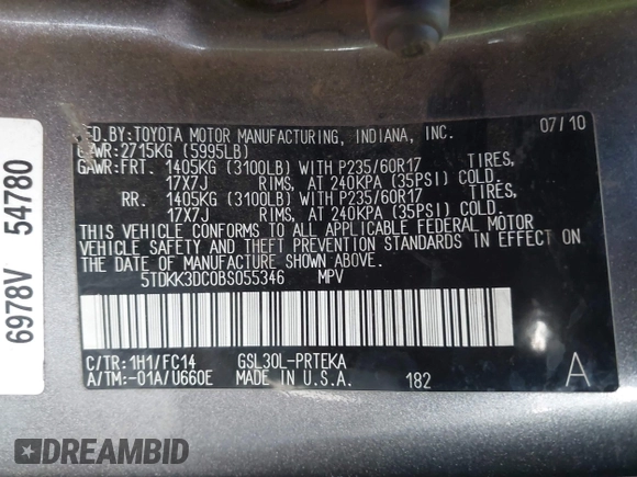 2011 Toyota Sienna LE AAS with VIN 5TDKK3DC0BS055346, listed as a IAAI auction lot 41834715 with 124,847 mi miles. Bid and sale history available at carsss.com. Image 9.