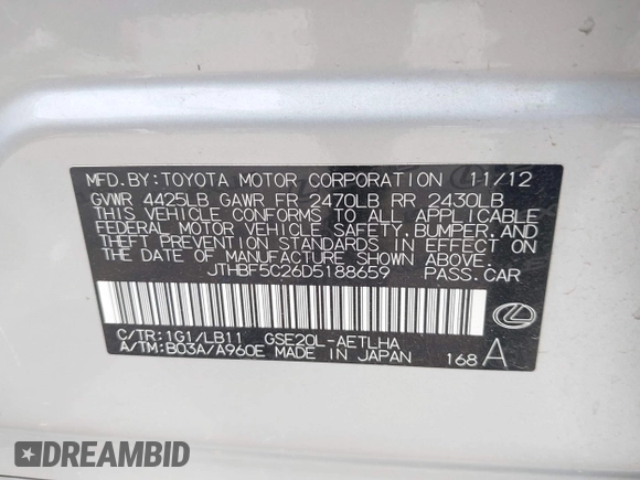 2013 Lexus IS 250 z VIN JTHBF5C26D5188659, wystawiony jako IAAI lot #42041229 z przebiegiem Nie podano mil oraz . Historia ofert i sprzedaży dostępna na DreamBid. Obrazek 9.