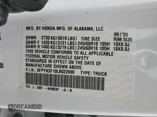 2020 Honda Ridgeline Sport z VIN 5FPYK3F10LB022690, wystawiony jako Copart lot #55511695 z przebiegiem 62 244 mil mil oraz Szkoda całkowita • Salvage title. Historia ofert i sprzedaży dostępna na DreamBid. Obrazek 13.