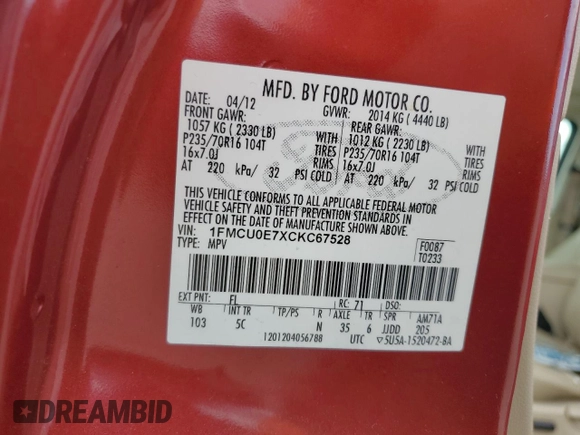 2012 Ford Escape Limited with VIN 1FMCU0E7XCKC67528, listed as a Copart auction lot 42862505 with 169,917 mi miles and Salvage Title. Bid and sale history available at DreamBid. Image 14.