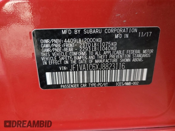 2018 Subaru WRX Premium with VIN JF1VA1C6XJ8823116, listed as a Copart auction lot 43557805 with 99,123 mi miles and Salvage Title. Bid and sale history available at carsss.com. Image 15.
