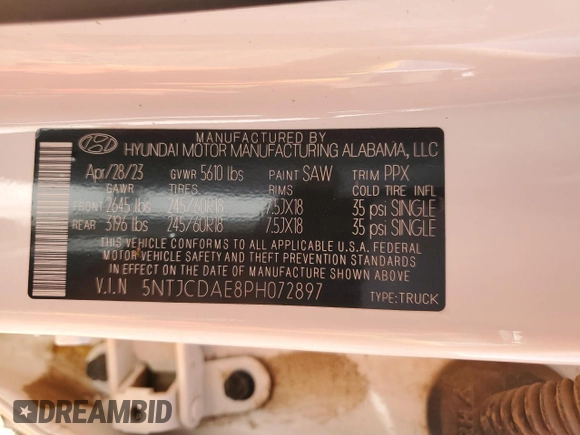 2023 Hyundai Santa Cruz SEL with VIN 5NTJCDAE8PH072897, listed as a Copart auction lot 61424505 with Not provided miles and Salvage title. Bid and sale history available at DreamBid. Image 12.