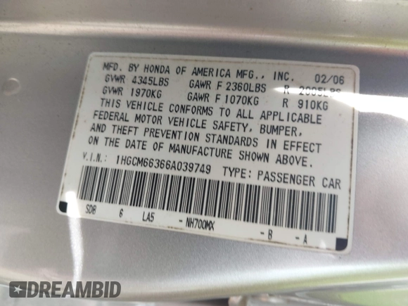 2006 Honda Accord LX with VIN 1HGCM66366A039749, listed as a IAAI auction lot 42441238 with 306,786 mi miles and . Bid and sale history available at DreamBid. Image 9.