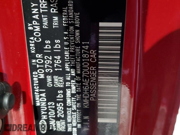 2013 Hyundai Elantra Coupe GS with VIN KMHDH6AE7DU018741, listed as a Copart auction lot 88464035 with 92,495 mi miles and Salvage Title. Bid and sale history available at carsss.com. Image 12.