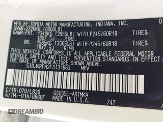 2015 Toyota Highlander XLE z VIN 5TDJKRFH2FS131663, wystawiony jako IAAI lot #42126277 z przebiegiem 108 843 mil mil oraz . Historia ofert i sprzedaży dostępna na DreamBid. Obrazek 9.