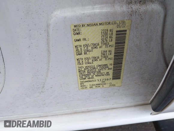 2012 Nissan Xterra X with VIN 5N1AN0NU5CC517567, listed as a IAAI auction lot 41950479 with 162,371 mi miles and . Bid and sale history available at DreamBid. Image 9.