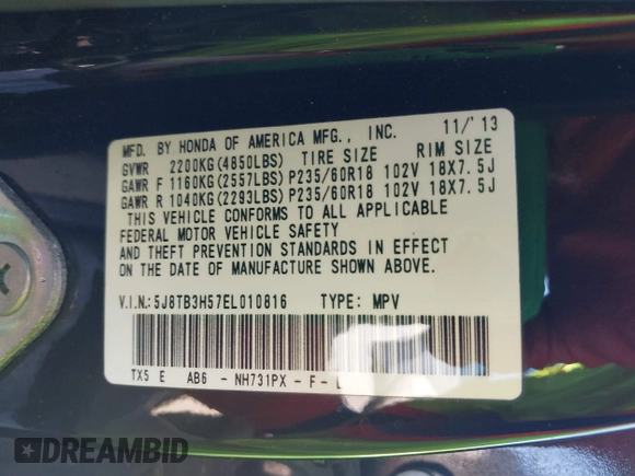 2014 Acura RDX Technology with VIN 5J8TB3H57EL010816, listed as a IAAI auction lot 42094338 with Not provided miles and . Bid and sale history available at DreamBid. Image 9.