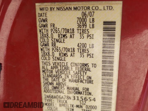 2008 Nissan Titan XE z VIN 1N6BA06A78N315654, wystawiony jako Copart lot #82987544 z przebiegiem 193 955 mil mil oraz Szkoda całkowita • Salvage title. Historia ofert i sprzedaży dostępna na DreamBid. Obrazek 12.