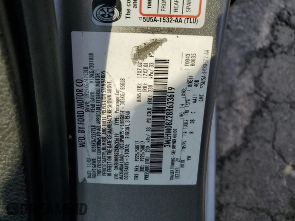 2008 Mercury Milan Premier with VIN 3MEHM08Z28R633619, listed as a Copart auction lot 84445744 with 170,147 mi miles and Salvage title. Bid and sale history available at DreamBid. Image 14.