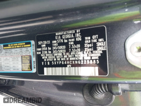 2022 Kia Telluride S z VIN 5XYP64HCXNG225885, wystawiony jako IAAI lot #42289777 z przebiegiem 87 296 mil mil oraz . Historia ofert i sprzedaży dostępna na DreamBid. Obrazek 9.