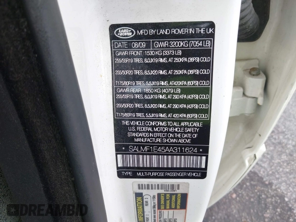 2010 Land Rover Range Rover SC z VIN SALMF1E45AA311624, wystawiony jako IAAI lot #42050138 z przebiegiem 116 651 mil mil oraz . Historia ofert i sprzedaży dostępna na DreamBid. Obrazek 9.