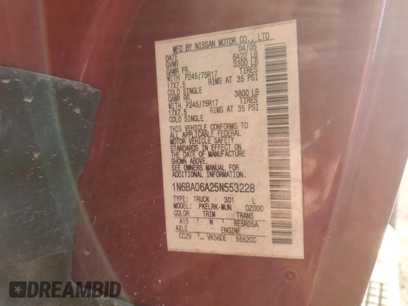 2005 Nissan Titan XE with VIN 1N6BA06A25N553228, listed as a Copart auction lot 47136205 with 227,151 mi miles and Salvage title. Bid and sale history available at DreamBid. Image 12.