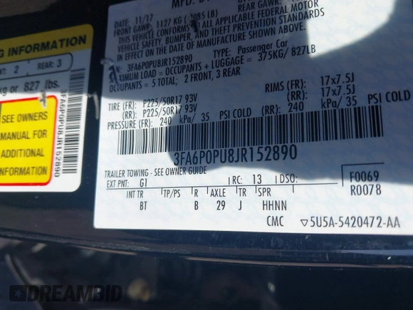 2018 Ford Fusion Energi SE with VIN 3FA6P0PU8JR152890, listed as a IAAI auction lot 41682965 with 84,890 mi miles. Bid and sale history available at carsss.com. Image 9.