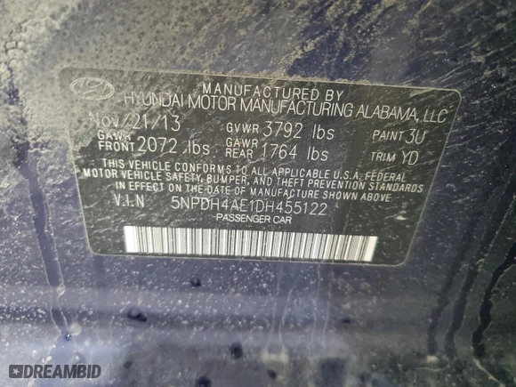2013 Hyundai Elantra GLS with VIN 5NPDH4AE1DH455122, listed as a Copart auction lot 53023755 with 0 mi miles and Salvage Title. Bid and sale history available at carsss.com. Image 12.