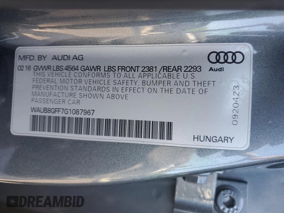 2016 Audi A3 2.0T Premium with VIN WAUB8GFF7G1087967, listed as a Copart auction lot 53872433 with 81,301 mi miles. Bid and sale history available at carsss.com. Image 12.