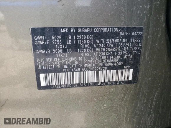 2022 Subaru Outback Wilderness с VIN 4S4BTGUD5N3228728, выставлен на аукционе Copart как лот 56844595 с пробегом 116 225 миль миль и Списание • Salvage title. История ставок и продаж доступна на DreamBid. Изображение 13.