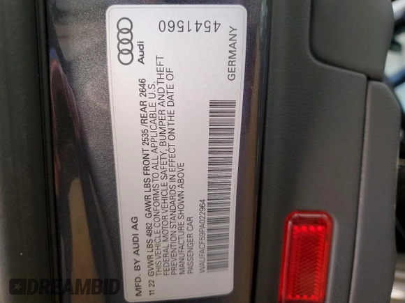 2023 Audi A5 Sportback S line Premium Plus with VIN WAUFACF59PA022964, listed as a Copart auction lot 86434774 with 39,958 mi miles and Salvage Title. Bid and sale history available at carsss.com. Image 14.
