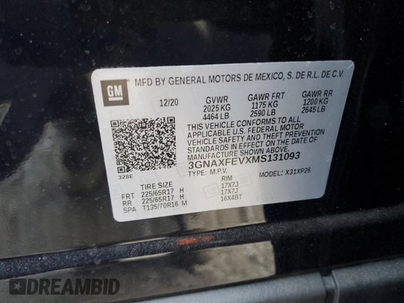 2021 Chevrolet Equinox LS with VIN 3GNAXFEVXMS131093, listed as a Copart auction lot 83239014 with 103,804 mi miles and Salvage title. Bid and sale history available at DreamBid. Image 15.