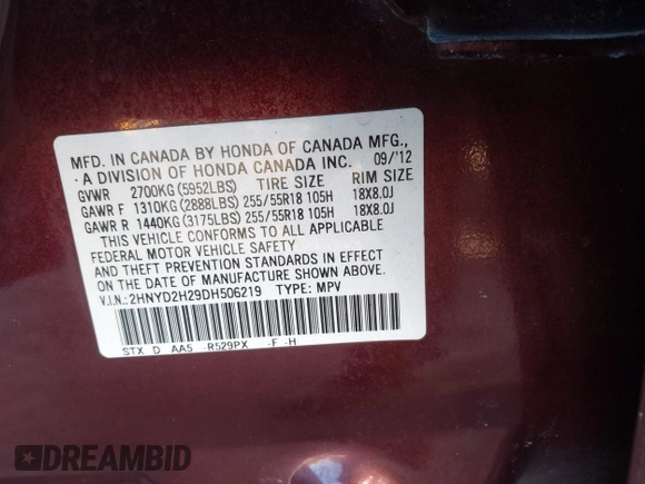 2013 Acura MDX with VIN 2HNYD2H29DH506219, listed as a IAAI auction lot 41325146 with 200,245 mi miles. Bid and sale history available at carsss.com. Image 9.