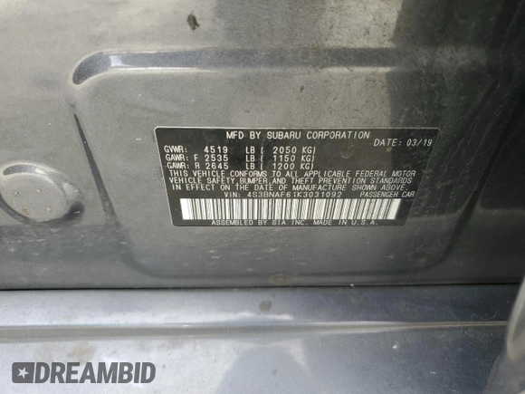 2019 Subaru Legacy Premium with VIN 4S3BNAF61K3031092, listed as a Copart auction lot 49295365 with 146,071 mi miles and Salvage Title. Bid and sale history available at carsss.com. Image 12.