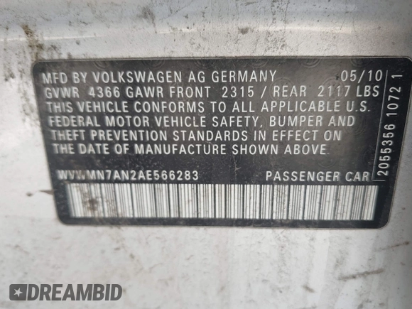 2010 Volkswagen CC Sport with VIN WVWMN7AN2AE566283, listed as a IAAI auction lot 41816386 with 188,376 mi miles. Bid and sale history available at carsss.com. Image 9.